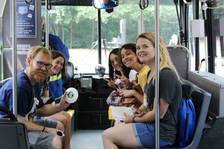 A team takes an Emory Cliff shuttle towards the Clairmont Campus in search of their next clue.